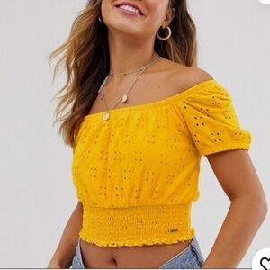 Hollister Yellow Puff Sleeve Smocked Blouse